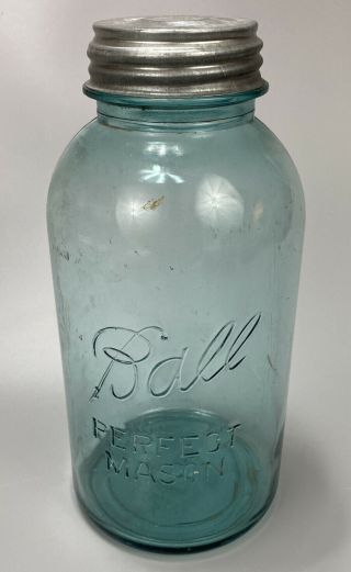 Rare Number 13 Ball Perfect Mason Blue Jar With Zinc Metal Lid