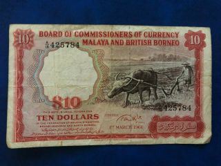 1961 Malaya & British Borneo 10 Dollar Note Paper Money - Rare
