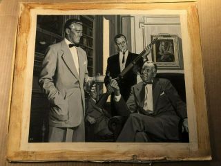 Rare Signed Pulp Illustration Painting Men In Suits Man With Rifle