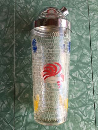 Rare Vintage Barware Glass Cocktail Shaker With Roosters Chickenwire Chrome Lid