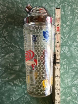Rare Vintage Barware Glass Cocktail Shaker with Roosters Chickenwire Chrome Lid 2