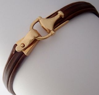 Rare Vintage Couture Gucci Leather 18k Gold Equestrian Horse Stirrup Bracelet