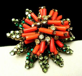 Rare Vintage Huge 3” Signed Miriam Haskell Green Rhinestone Coral Brooch Pin A30