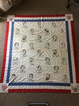 Rare Antique Hand Embroidered Presidential Quilt Top 72x83 Inches