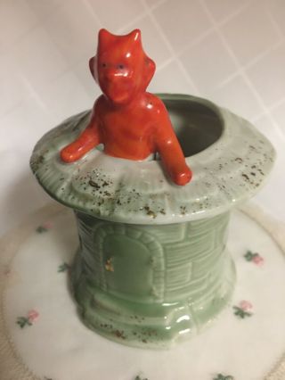 Antique German Porcelain Rare Fairing Devil Satan Match Holder Pink Pig Series