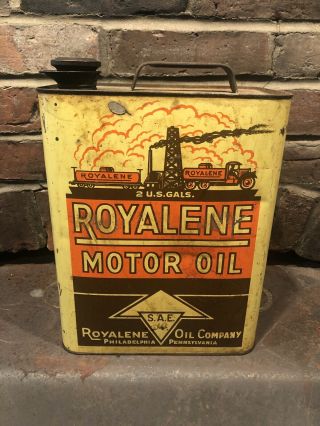 Very Rare 2 Gallon Royalene Motor Oil Can 1920 Circa Oil Rig