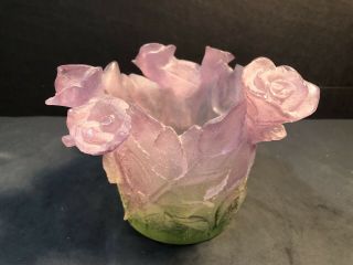 Rare Daum Crystal Small 4.  5” X 5.  5” Pate De Verre Roses Vase Bowl Candle Holder
