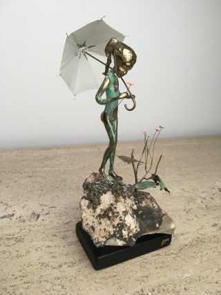 Rare Malcolm Moran Bronze Sculpture Of A Girl With Umbrella And Flowers Stone