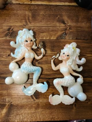 Rare Lefton Vintage Mermaid Wall Plaques With Bubbles And Gold Mirrors