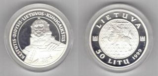 Lithuania - Rare Silver Proof 50 Litu Coin 1999 Year Km 118 Grand Duke Kestutis