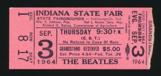Beatles Vintage 1964 Indiana State Fair Concert Ticket Stub Very Rare Version