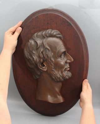 Rare Antique Life Size 19thc Cast Bronze Abraham Lincoln Profile & Walnut Plaque