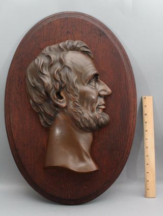RARE Antique LIFE SIZE 19thC Cast Bronze Abraham Lincoln Profile & Walnut Plaque 2