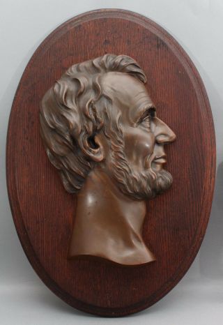 RARE Antique LIFE SIZE 19thC Cast Bronze Abraham Lincoln Profile & Walnut Plaque 3