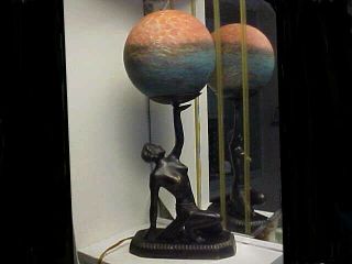 Rare Art Deco Modernistic Nude Lady Metal Lamp W Glass Ball Shade - S.  F.  Estate