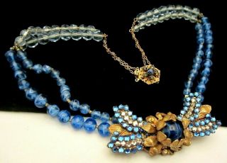 Rare Vintage Signed Miriam Haskell Gilt Blue Art Glass Rhinestone 18 " Necklace