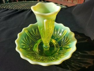 Fenton Glass Vaseline Topaz Opalescent Cactus Rare Epergne Vase
