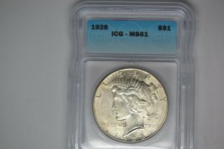 1928 Peace Dollar - Icg Ms - 61.  Rare Date Lustrous And.