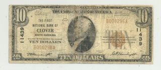 Very Rare $10 Series 1929 National Banknote From Clover,  South Carolina 11439
