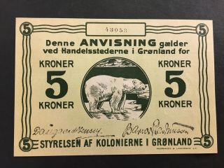 Denmark Greenland 5 Kroner Nd (1913) Banknote,  Polar Bear,  Unc,  Rare,  Km 14a