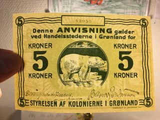 DENMARK GREENLAND 5 Kroner ND (1913) banknote,  Polar bear,  UNC,  RARE,  KM 14A 3