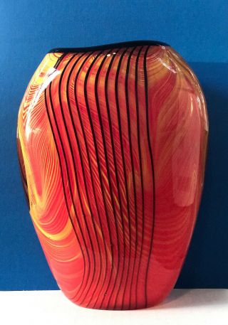 Rare Vtg Murano Hand Blow Art Glass Vase Orange,  Yellow&black Saphire Glass 10 "