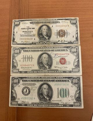 3 Rare $100 1934 1929 1966 Red Seal National Bank