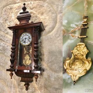 Antique Germany Keywound Wall Striking Vienna Clock,  Walnut & Rare Pendulum