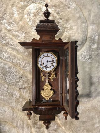 Antique Germany Keywound Wall Striking Vienna Clock,  Walnut & Rare Pendulum 2