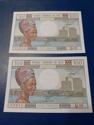 Rare :2 Mali 100 Francs 1972 Banknote Unc 2 Followers Numbers