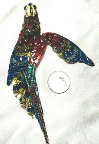 Rare Huge Enameled Lunch At The Ritz Figural Mccaw Parrot Articulated Brooch