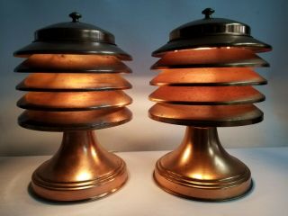 Vtg Rare Art Deco Pair Coulter Copper Louvered Machine Age Streamline Table Lamp