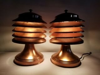 VTG Rare Art Deco Pair Coulter Copper Louvered Machine age Streamline Table Lamp 2
