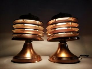 VTG Rare Art Deco Pair Coulter Copper Louvered Machine age Streamline Table Lamp 3