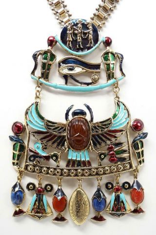 Massive Rare Vintage Diorios Enamel Egyptian Revival Winged Scarab Necklace