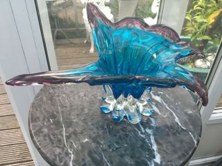Rare Vintage Italian Murano Footed Butterfly Dish Sommerso Blue Purple 12” X 6”