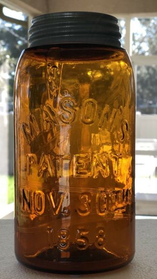Rare Amber Mason’s Patent 1858 Mason Jar Fruit Jar Canning Jar