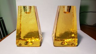 Rare Signed Fire And Light Recycled Glass Candle Holder Pair Yellow/gold