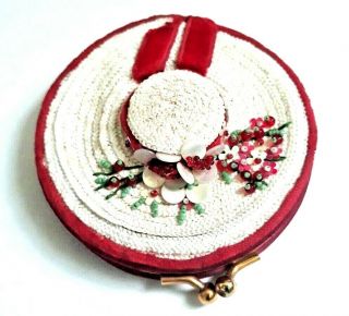 Vintage Art Deco French Figural White & Red Straw Hat Powder Compact,  Rare