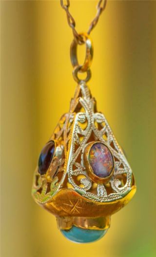 Rare Victorian 1880s 18k Gold,  Opal & Garnet Orb Lantern 3d Charm Fob Pendant 7g