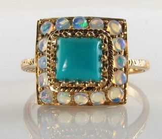 Divine 9ct 9k Gold Rare Persian Turquoise & Aus Opal Art Deco Ins Ring Size