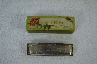 Very Rare Red Rose Hohner Harmonica - Made In Germany In Factory Box