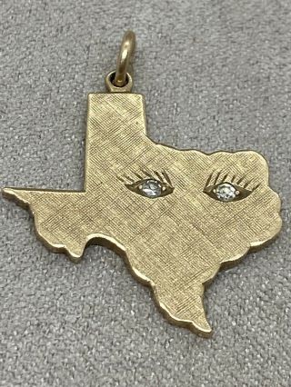 Rare Vintage Heavy 14k Gold " Eyes Of Texas " Charm W/ Diamond Eyes 5.  2g Longhorns