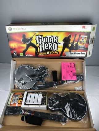 Xbox 360 Guitar Hero World Tour & 2 Les Paul Guitars Game Dual Bundle Rare