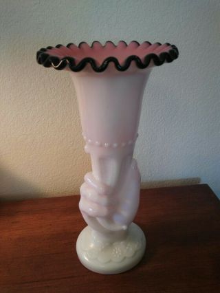 Very Rare Fenton 1954 - 1955 10 1/2 " Black Rose Pink Glass Hand Vase