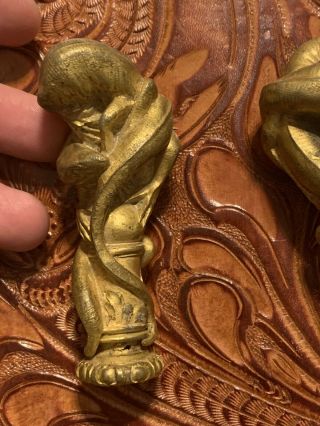 Rare Antique French Bronze Gold Guild Lizard Fighting Lamp Finials Pair 2