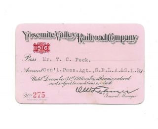 1916 Yvrr Yosemite Valley Railroad Co Pass No.  275 California Short - Line Rare
