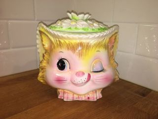 Vintage Enesco Winking Kitty Cookie Jar - Rare