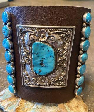 Impressive Rare Navajo Sterling & Gem Blue Turquoise Blossom Ketoh Bracelet 147G 2