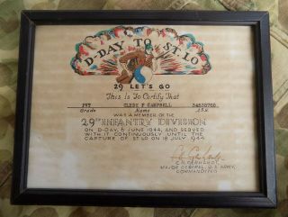 Rare Wwii 29th Division D - Day To St Lo Certificate Signed By General